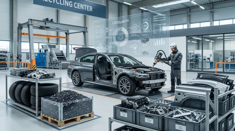 Ilustrace moderního automobilu a udržitelných recyklačních procesů v oběhovém hospodářství