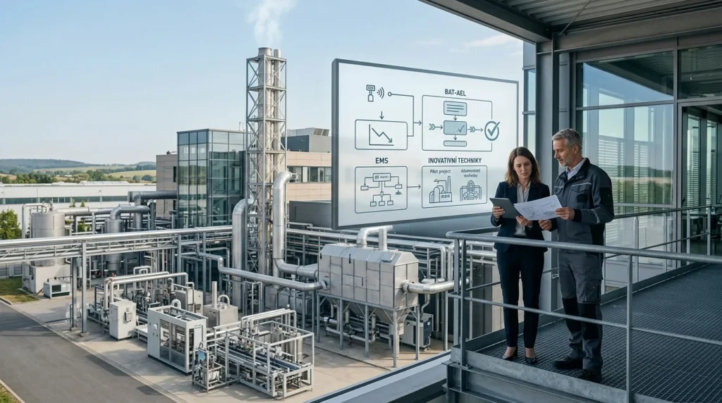Ilustrace průmyslového areálu a moderních technologií pro snižování emisí v kontextu směrnice IED.